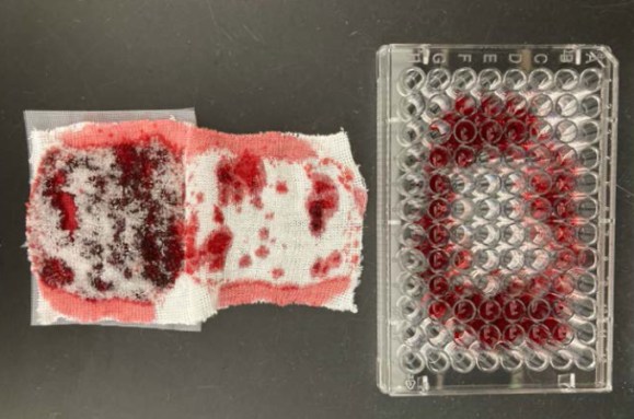 A photo of polyacrylate polymer gauze trays (left) soaked with menstrual blood, as well as a 96-well periodic plate (right) on a black lab bench.