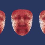 A blue background with three face heat maps in front of it