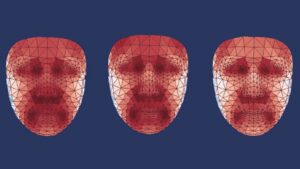 A blue background with three face heat maps in front of it